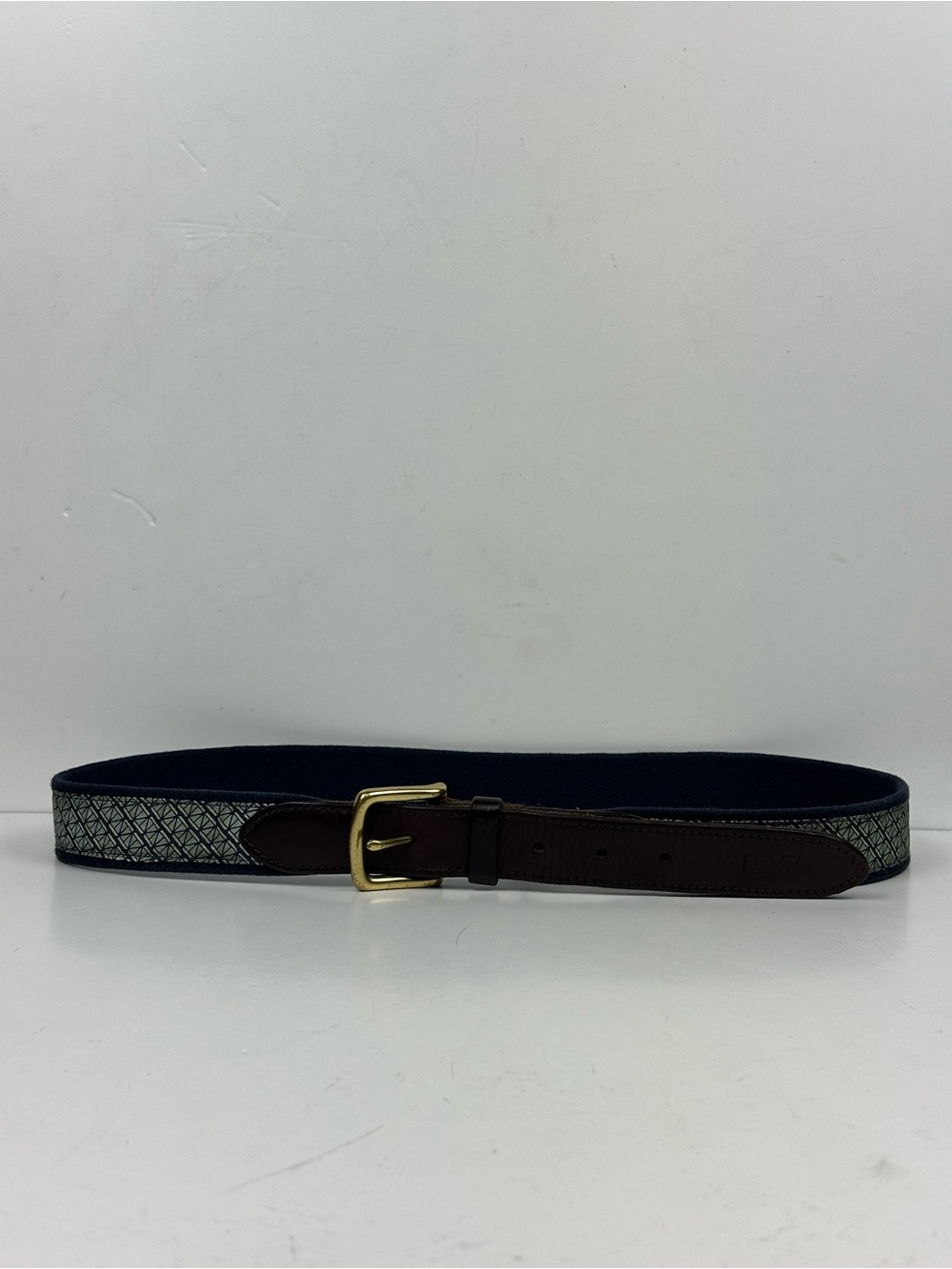 Vineyard Vines Navy Patterned Fabric Belt with Brown Leather